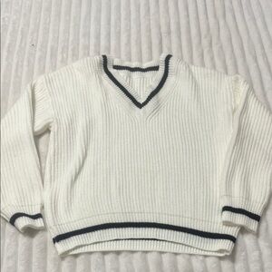 SHEIN White V-Neck Sweater with Black Trim